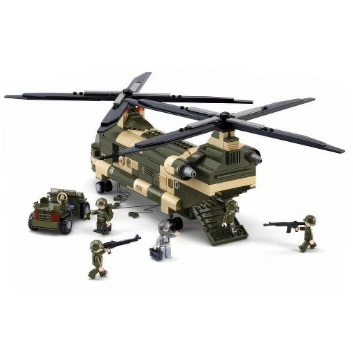 A toy helicopter and a small vehicle are shown with several toy soldiers.