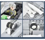 A toy airplane with a pilot figure, missiles, and landing gear is shown in four separate views.