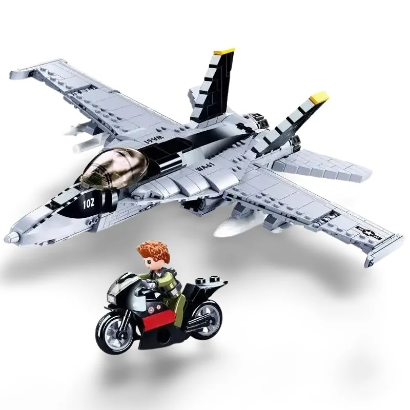 A gray toy jet plane and a toy figure riding a black and red motorcycle are displayed.