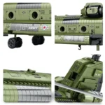 Four close-up views of a green toy military helicopter with black wheels and printed details.