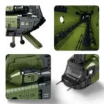 Four images of a green and black brick toy helicopter, including the side, interior, engine, and front.