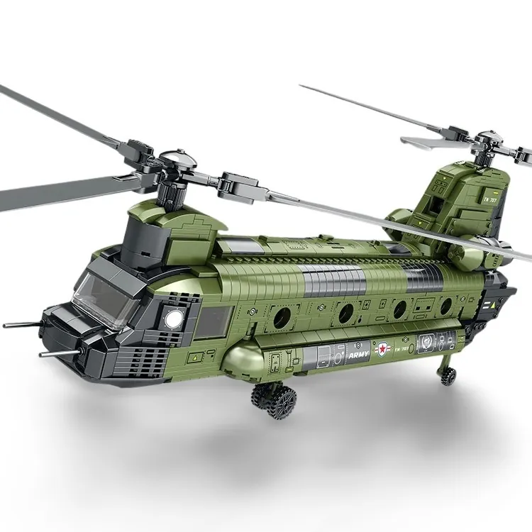 Green army helicopter toy with two rotors and wheels.