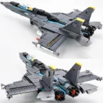 Two views of a gray brick-built toy jet with yellow and light blue accents.