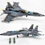 Two gray toy fighter jets, one with two bombs, are displayed.