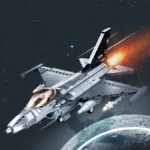 A gray toy jet with missiles and a flame is flying in space.