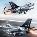 Two toy jet airplanes constructed from interlocking bricks are displayed.