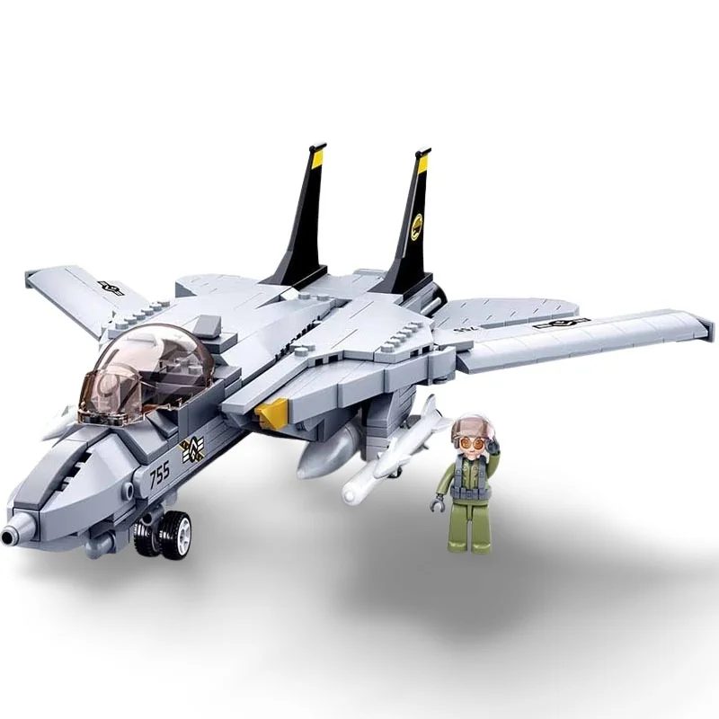 A gray toy jet with black fins and a pilot figure in green uniform are displayed.