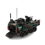 A toy military vehicle with camouflage pattern, an opened rear door, and a turret with a gun.