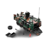 A toy military vehicle with camouflage pattern, spare tire, shovel, toolbox, and fire extinguisher.