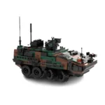 A toy military vehicle with camouflage pattern and multiple wheels.