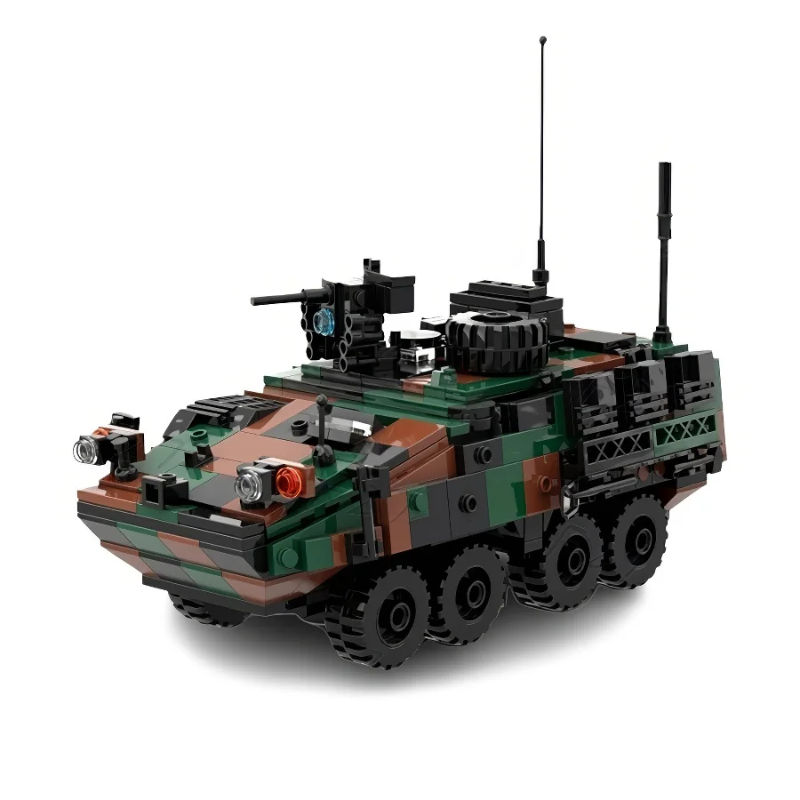 A toy military vehicle with camouflage pattern, multiple wheels, and antennas.
