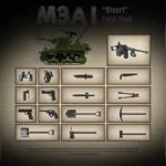 A green toy tank is displayed with an assortment of toy weapons and tools.