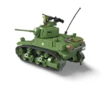 A green toy tank with a small figure on top and a star on its side.