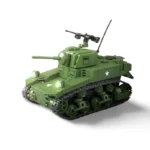 A green toy tank with a turret, gun, and tracks is displayed.