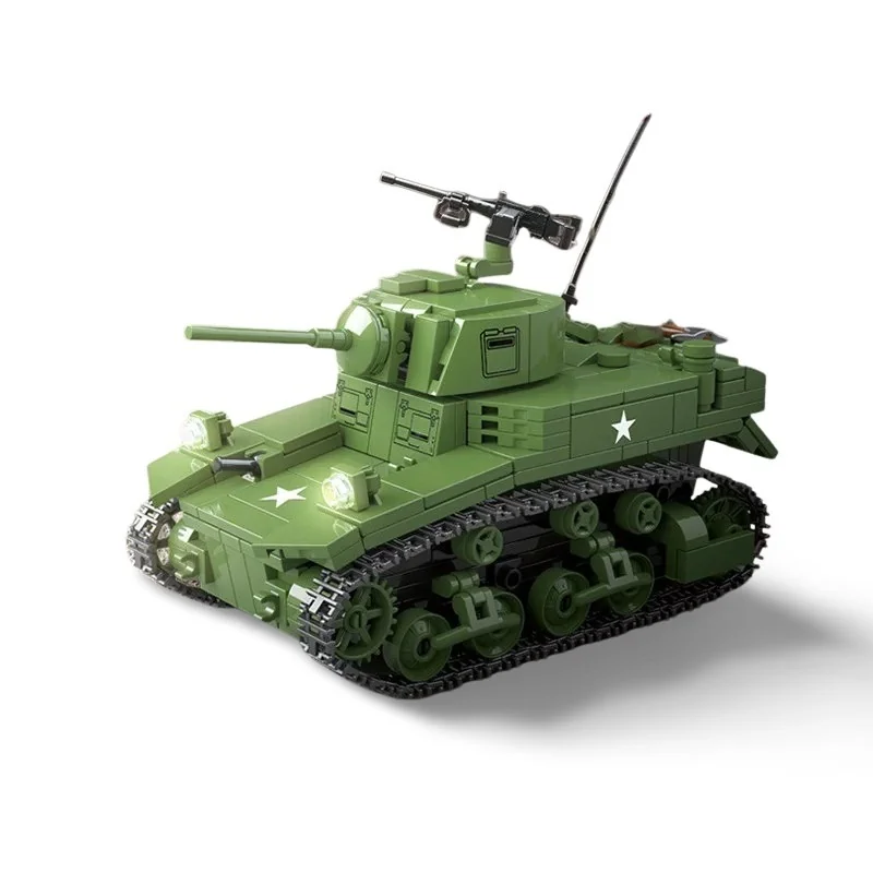 A green toy tank with a turret, gun, and tracks is displayed.