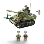 A green toy tank with three toy soldier figures and a sign are visible.