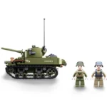 A green toy tank with a long cannon and two toy soldiers are displayed.