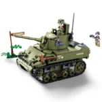 A green tank toy with two figures, one inside and one standing nearby, is displayed.