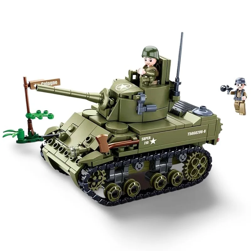 A green tank toy with two figures, one inside and one standing nearby, is displayed.