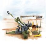 A toy artillery piece with two toy figures and ammunition is displayed.