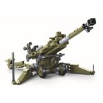 A toy artillery cannon with wheels and a long barrel is constructed from interlocking blocks.