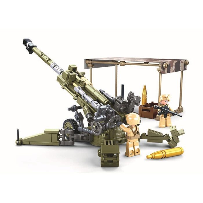 A toy artillery cannon with two toy figures and ammunition is displayed.