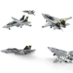 Four gray toy airplanes with black and yellow accents are displayed.