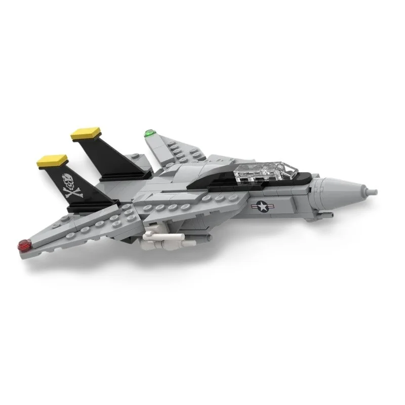 A gray toy jet with black and yellow accents, and a skull and crossbones design on the tail.