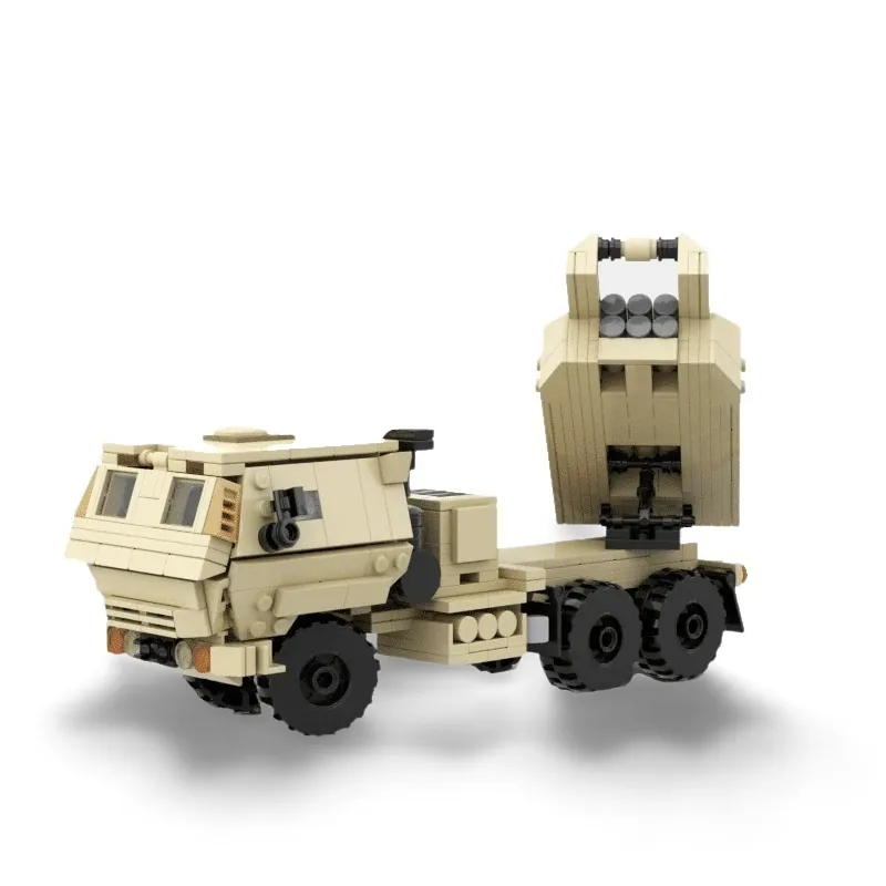 A toy truck with a missile launcher on the back, made of interlocking plastic bricks, sits on a white surface.