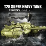 A green tank toy with a long barrel and treads is positioned in front of a cracked wall.