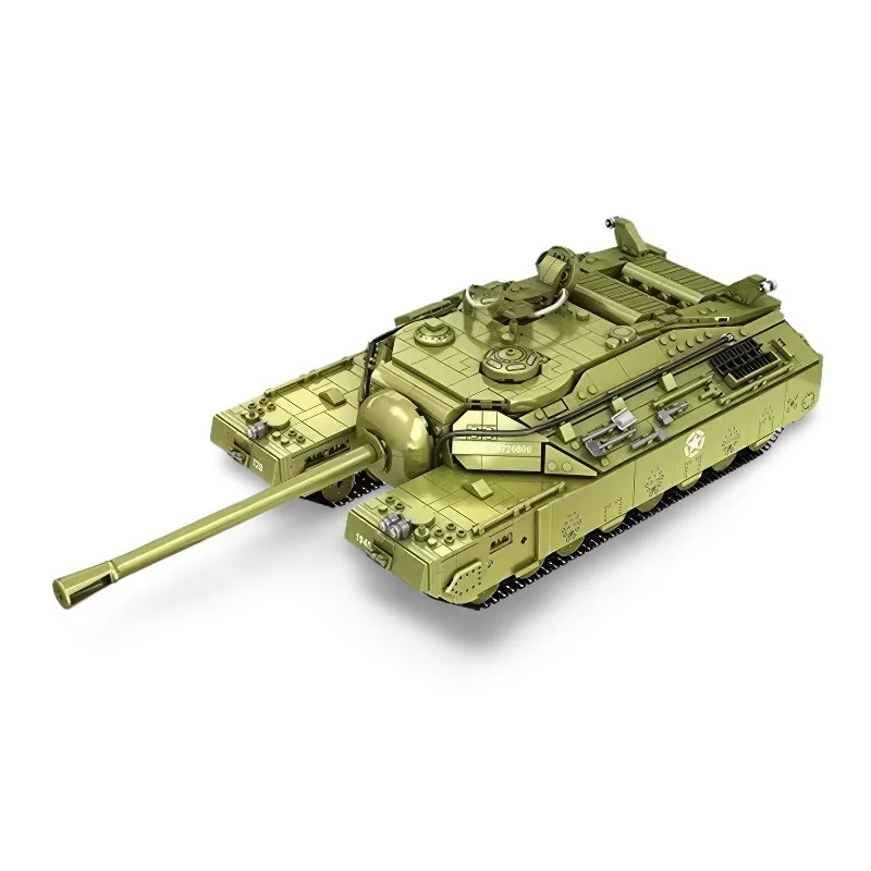 A green toy tank with a long barrel is positioned at an angle.