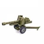 A green toy artillery cannon with two wheels and a support stand.