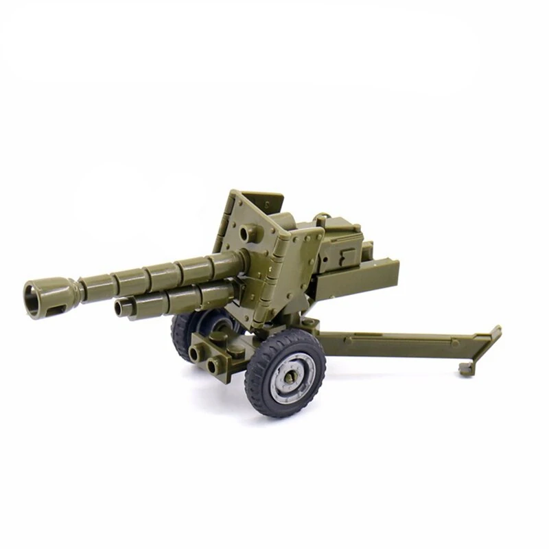 A green toy artillery cannon with two wheels and a support stand.