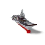 A toy aircraft carrier with several small toy airplanes on its deck.