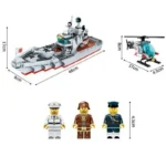 A gray toy ship, a toy helicopter, and three toy figures are displayed with size dimensions.