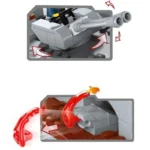 Two images show a gray brick toy with a rotating cannon and a red flame piece.