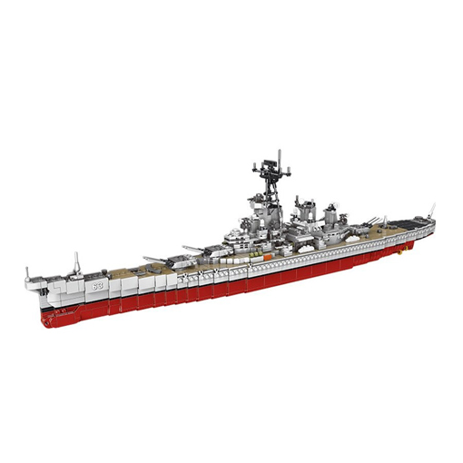 A toy warship model with a red hull and gray superstructure is displayed.