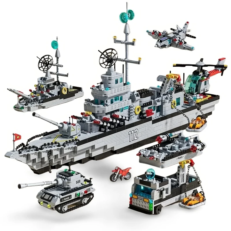 A collection of toy brick military vehicles, including ships, a tank, a truck, a motorcycle, a helicopter, and a jet.