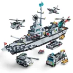 A gray toy battleship with several smaller vehicles including a tank, a truck, a motorcycle, two helicopters, and a jet.