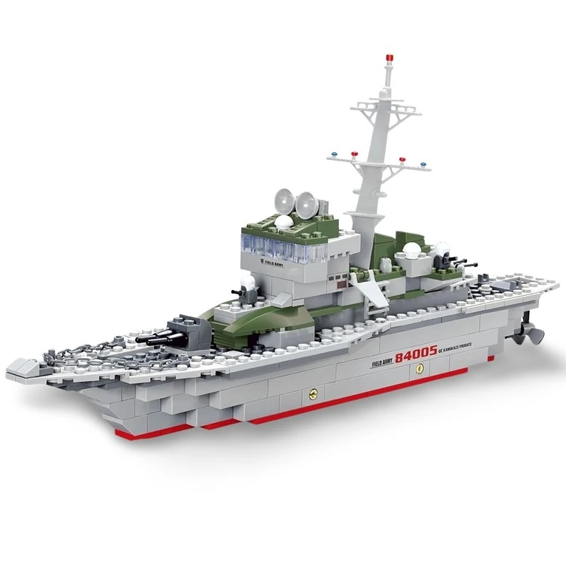 Military-style battleship model made of building blocks.