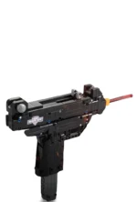 A black toy gun with a red tip is displayed.