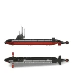 Two toy submarines, one red and black, the other black, are displayed.