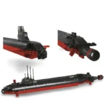 Three views of a black and red toy submarine are displayed.