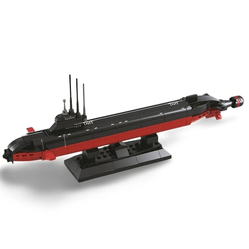 A brick-built submarine model with black and red colors sits on a black stand.