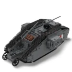 Gray brick toy tank with black treads, a brown panel, and a red and white stripe.