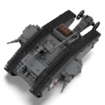 A gray toy tank with black treads and a brown box on top.