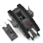 A gray brick tank toy with two sets of tracks and an additional smaller gray vehicle.
