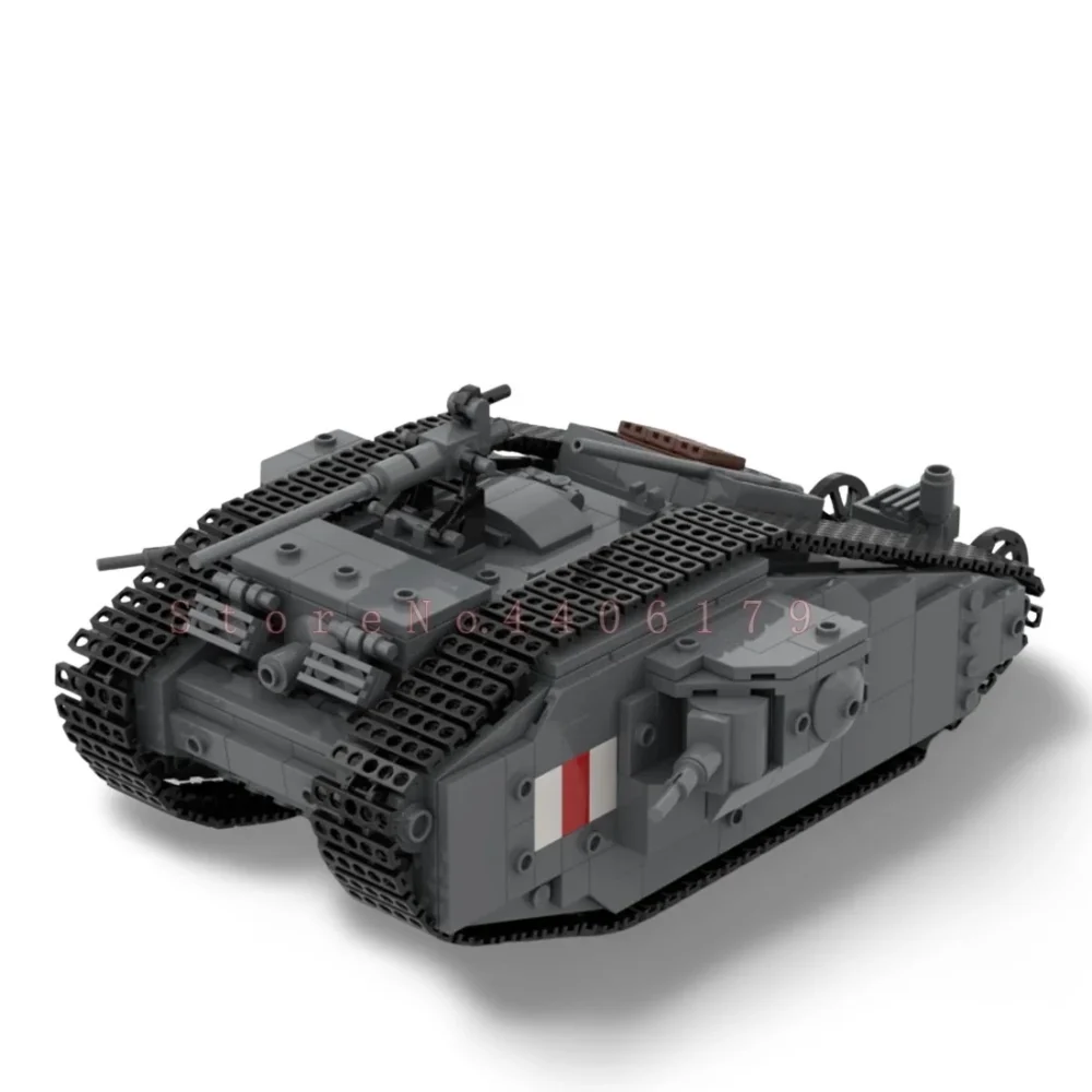 A gray toy tank with black treads and a red and white stripe is visible.