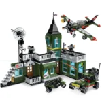 A green building with a tower, a plane, a motorcycle, and a jeep made of toy bricks.
