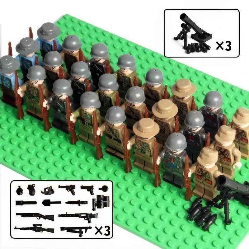 A group of toy soldiers with rifles and other weapons are positioned on a green baseplate.